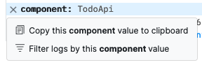 Detail screenshot showing Filter logs by Component property